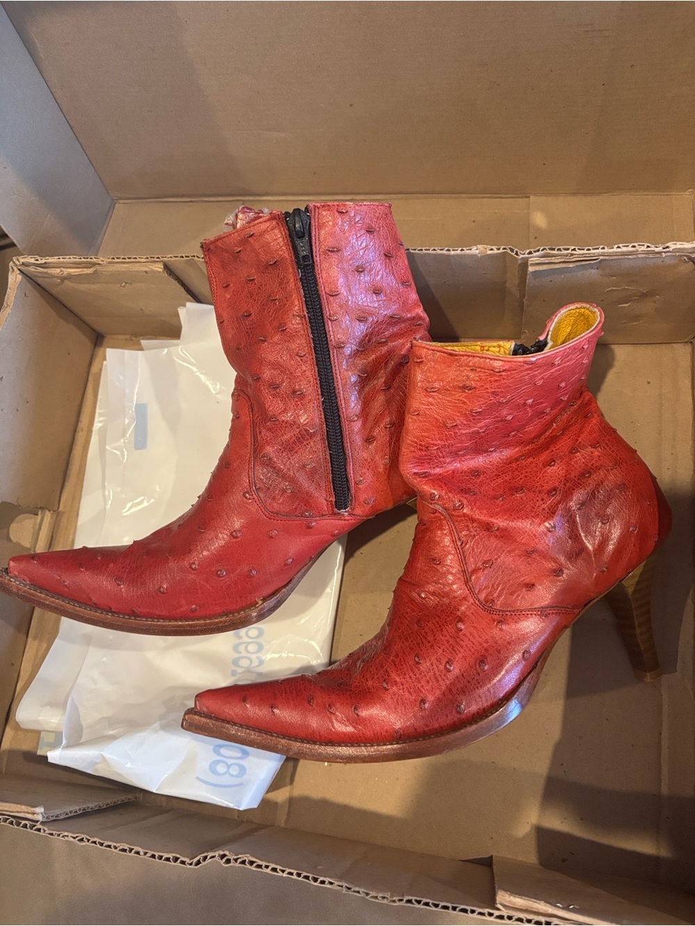 Red leather python Pointed Toe Ankle Boots with Side Zip